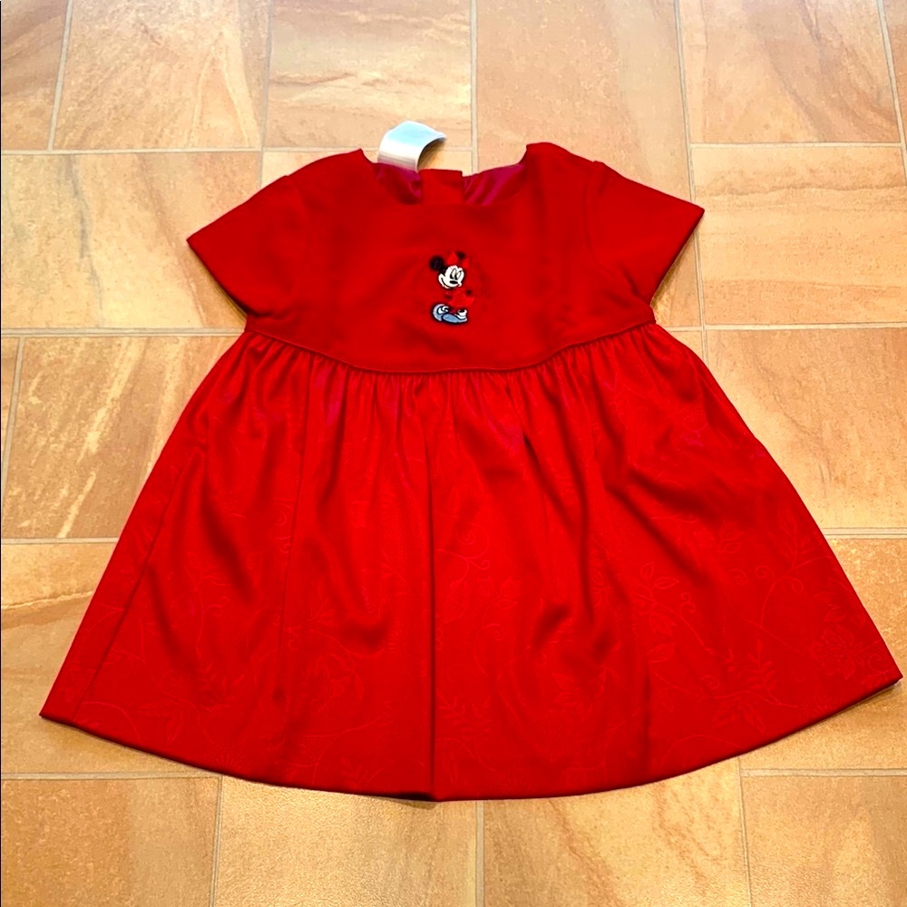 Disney Baby Girls Minnie Mouse Embroidered Red Pleated Short Sleeve Dress